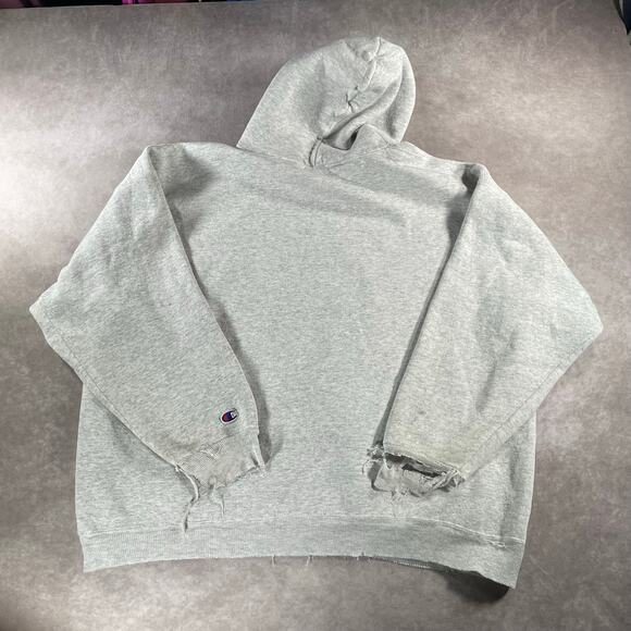 90’s Champion Thrashed Grey White Cozy Distressed Pullover Hoodie - Picture 2 of 7